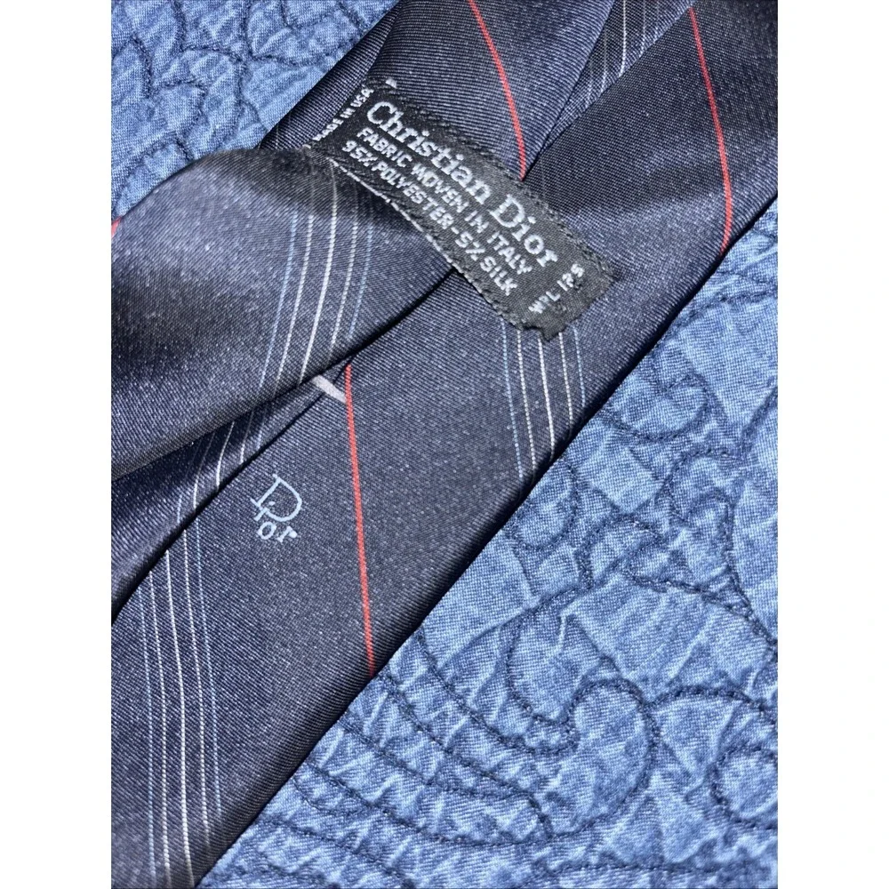 Vtg Christian Dior Striped Tie Logo Black Red Gray Italian Poly / Silk USA Made